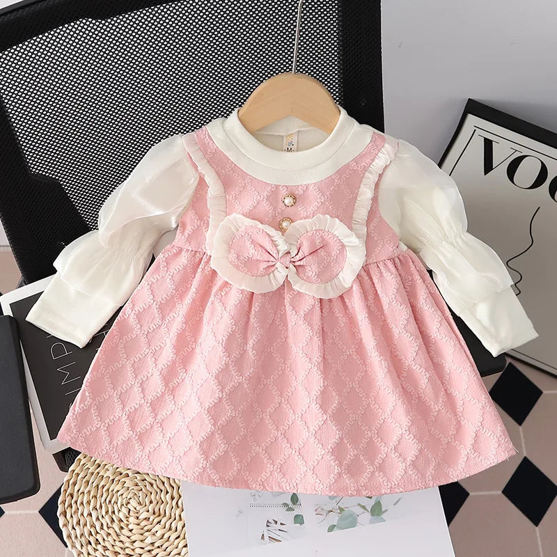 (9 Months -3 Years Old) Spring And Autumn New Sweet Bow Baby Girl Dress, Princess Style Children'S Long Sleeve Clothes