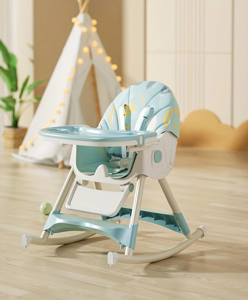 3-in-1 Convertible Baby High Chair Foldable Infant Chair Rocking Chair with Harness Lockable Wheels Removable Seat & Trays