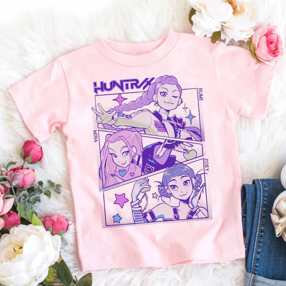 2025 New KPop Demon Hunters Child Short Sleeve T-shirt Anime Character Print Tees Boys Girls Summer Casual Tops Birthday Gift