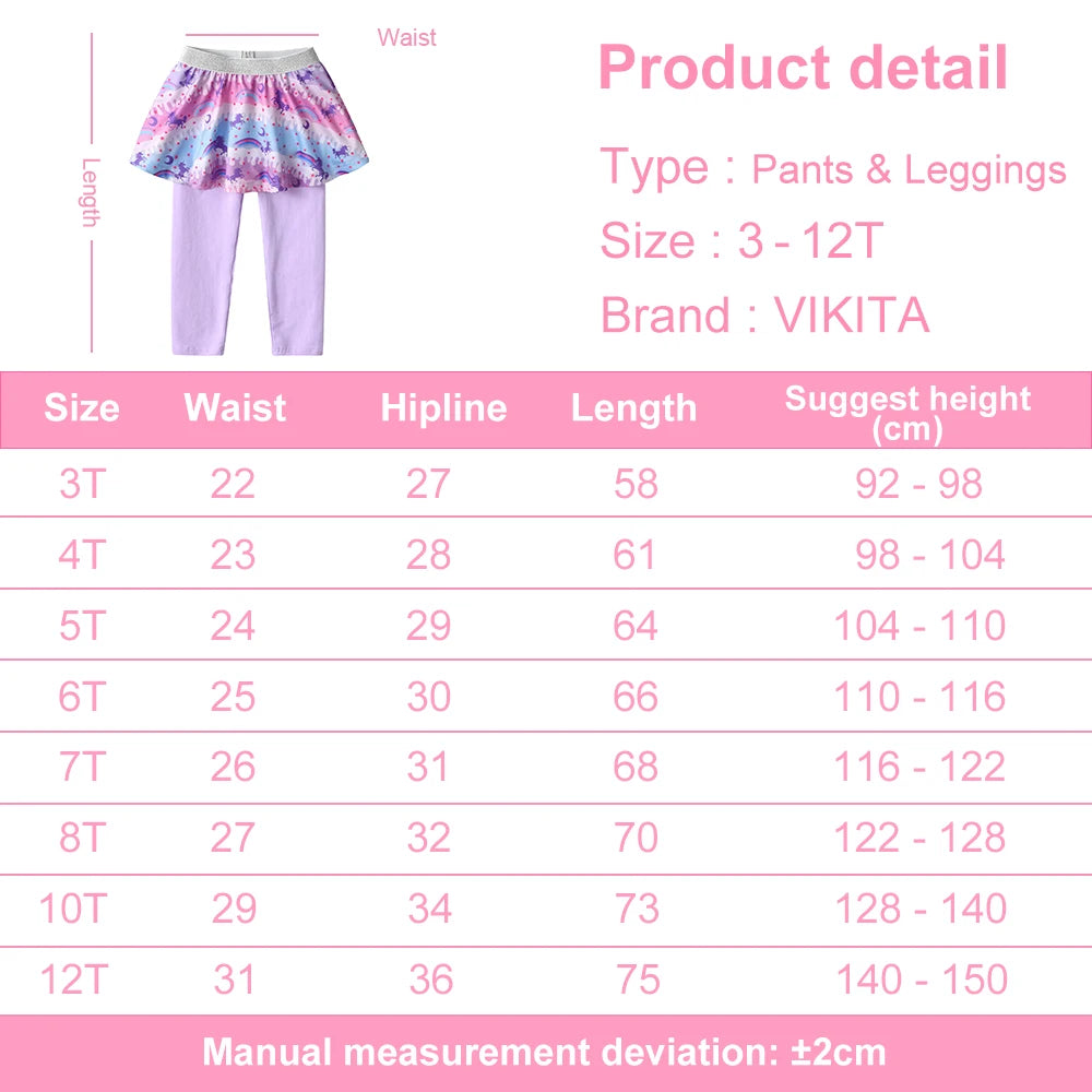 VIKITA Children Rainbow Unicorn Cartoon Pants Girls Leggings with Skirts Kids Skinny Trousers Kids Princess Bottoms Skirt-pants