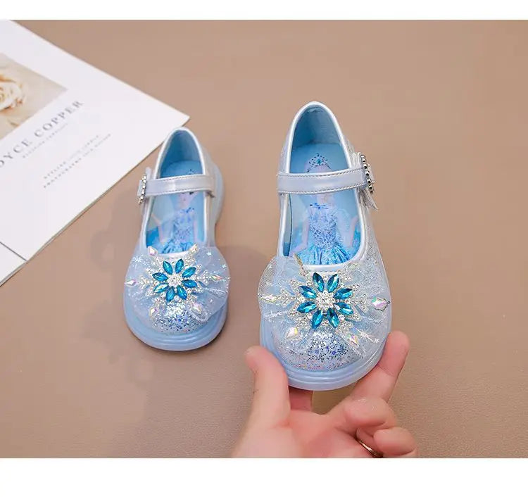 Disney Children's High Heel Princess Elsa Party LED Light Shoes Summer Girls Sandals Baby Girls' Crystal Blue Pink Shoes 23-34