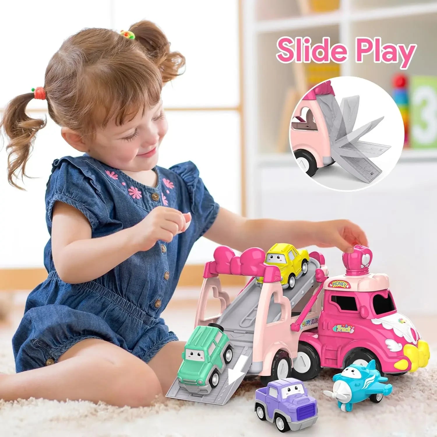 Carrier Car Toy Set with Lights & Sounds Pink Toy for Girl Toddler Kid Friction Powered Double Layer Transport Truck Gift