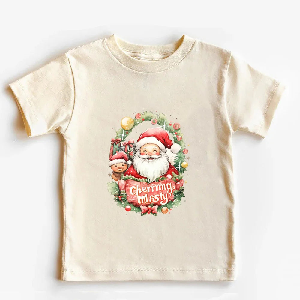 Retro Christmas Coquette Bow Toddler T-Shirt Festive Holiday Kids Short Sleeve Shirt Merry Christmas Outfit Holiday Clothing