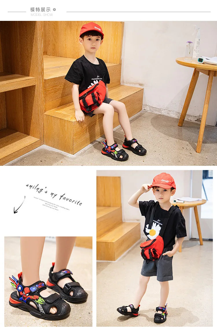 Disney Children's Cartoon Sandals Summer Boys' Beach Sandals Soft Soled Children's Sports Sandals Open Peep Toe Black Shoes