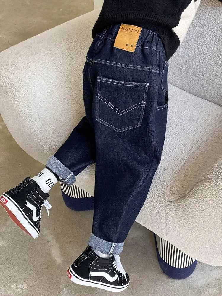 2025 New Boys' Fleece-Lined Jeans for Big Kids - Spring Autumn Autumn Long Pants Kids' Clothing