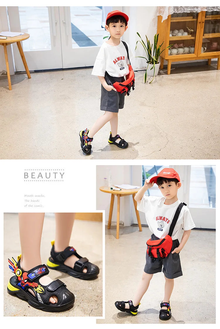 Disney Children's Cartoon Sandals Summer Boys' Beach Sandals Soft Soled Children's Sports Sandals Open Peep Toe Black Shoes