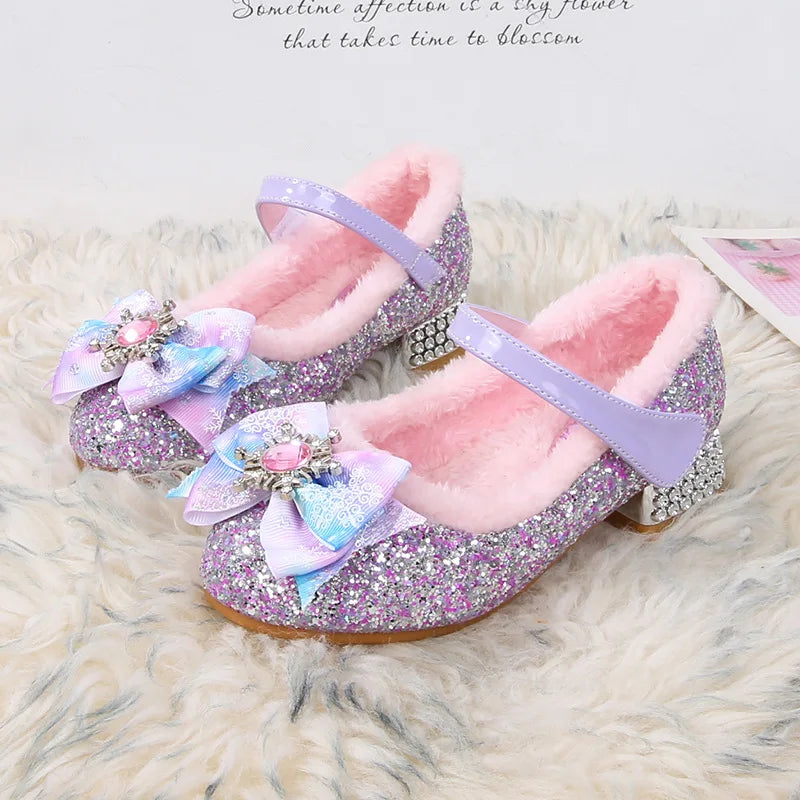 Disney Elsa Girls' High Heel Bowknot Blue Pink Fashion Children's Girl Crystal Princess Warm Winter Shoes Gift Size 23-36