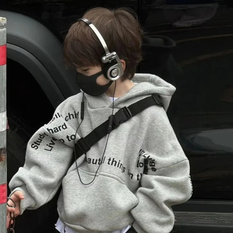 Autumn Winter Kids' Mid-Small Edgy Fleece-Lined Letter Print Hooded Hoodie - Warm Korean-Style Baby To Big Kids Top