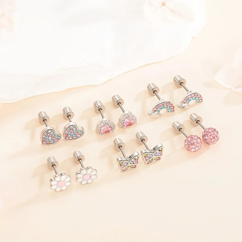 1/ 6 Pairs Hypoallergenic Screwback Earrings for Women Girls, 316L Stainless Steel Cute CZ Screw Back Earring Studs Set 20G