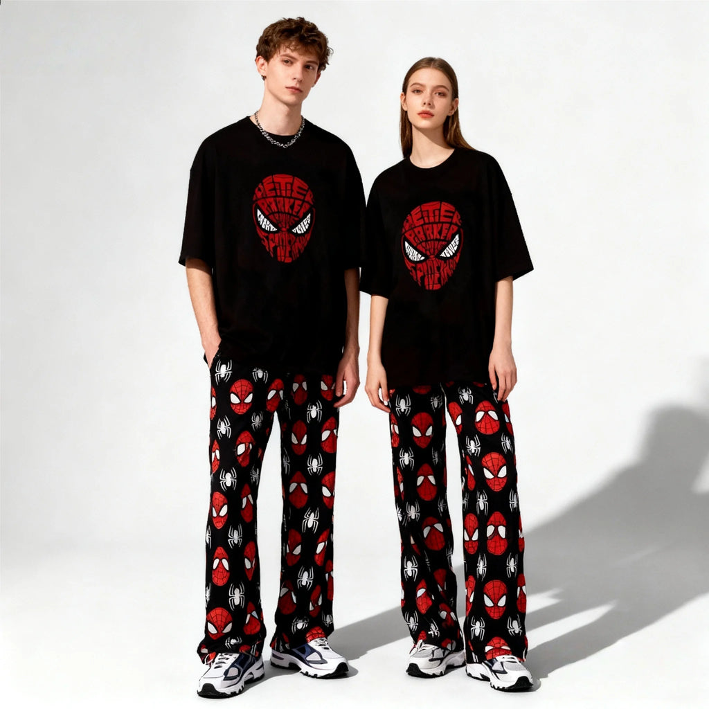 Spring and Autumn Hot Disney Series Sweet and Cool Spider Man Short Sleeved Pants Set for Adults and Children Parent Child Set