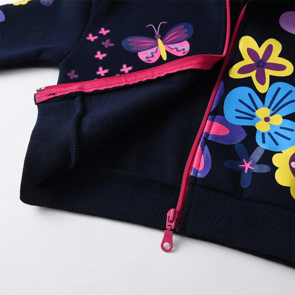 VIKITA Girls Autumn Winter Jacket Children Hooded Coats Girls Floral Print Zipper Outerwear Kids Cotton Casual Sports Jackets