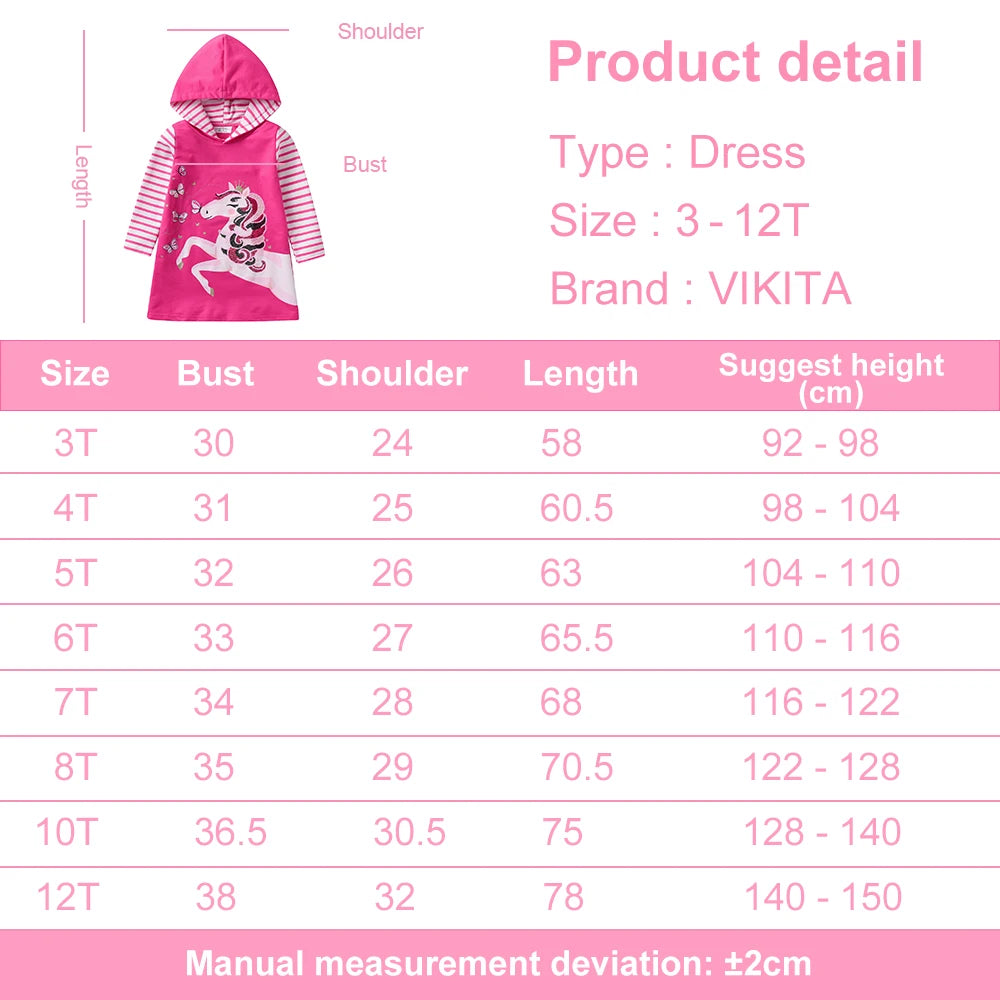 VIKITA Kids Cotton Casual Street Fashion Dress Girls Licorne Butterfly Sequined Appliqued Hooded Dresses Kids Cute Pink Dress