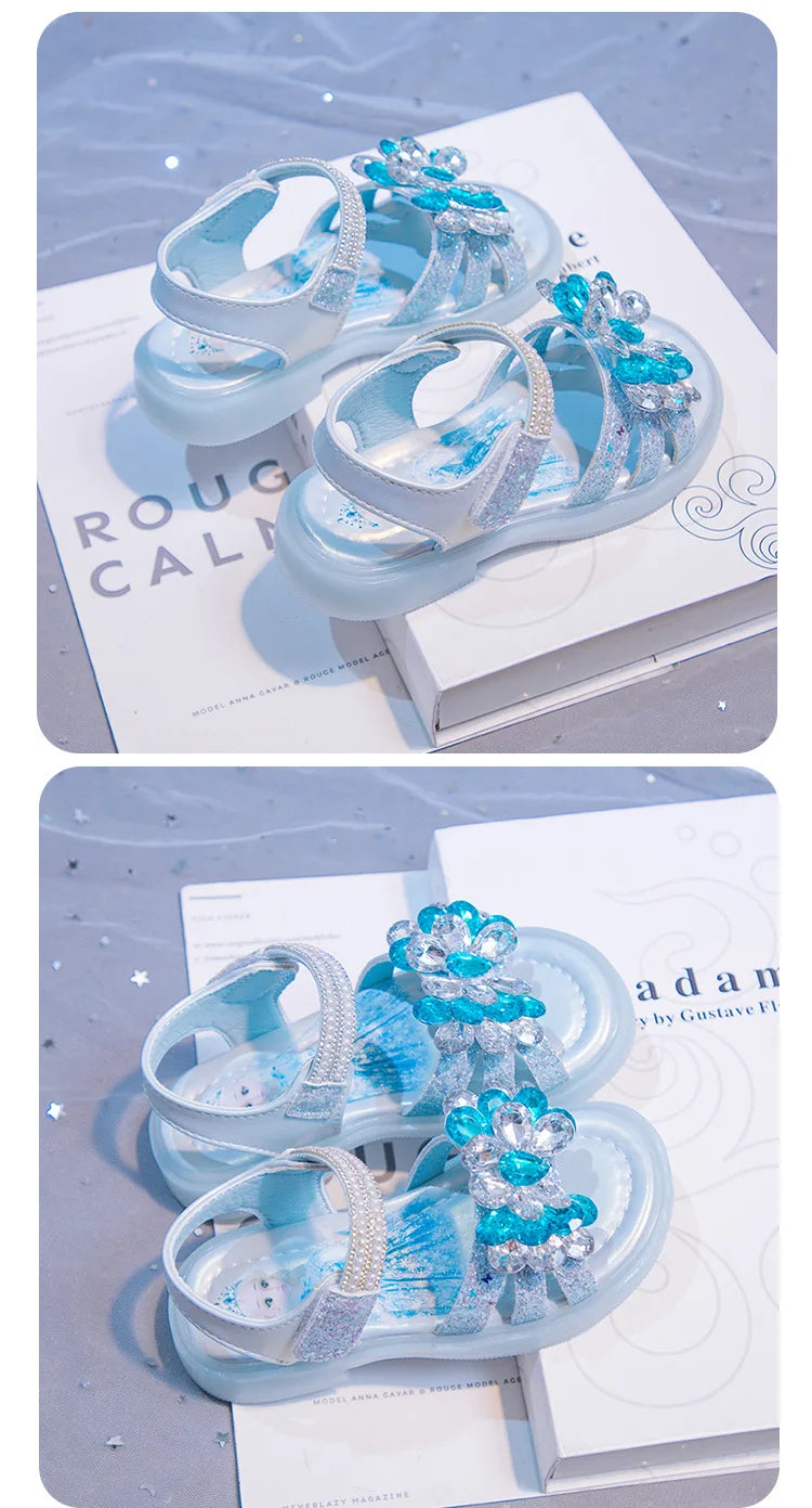 Kids' Sandals Elsa Princess Frozen PU Leather Crystal Summer Flat Shoes For Girls Breathable Anti-slip Blue Pink Size 23-33