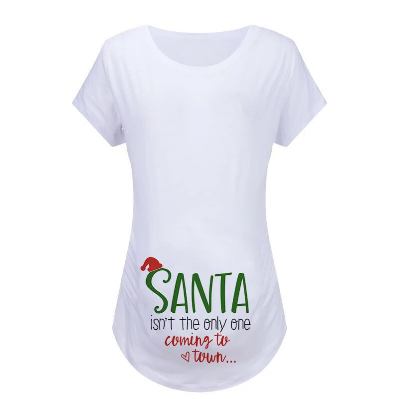 Christmas Womens Maternity T-shirt Santa Baby Printed Pregnant Women T Shirt Pregnancy Casual Short Sleeve T Shirt White Clothes