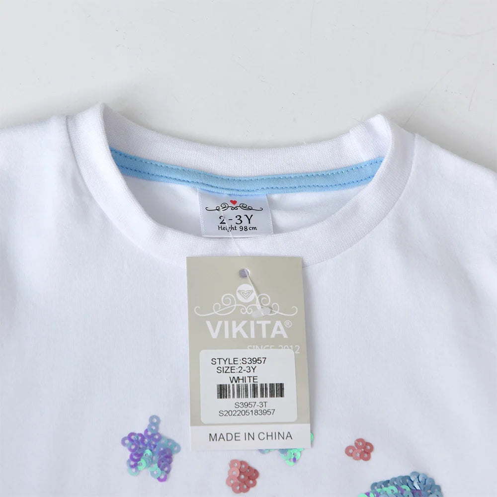 VIKITA Kids Short Sleeve Summer White T Shirts Girls Cosmos Star Sequins Appliqued Cotton Casual Tops and Tees Children Clothing