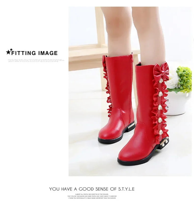 Girls Boots Autumn Winter Kids Princess Boots Lace Pearls with Bow-knot Sweet Warm Cotton Fur Lining Children Long Boots High