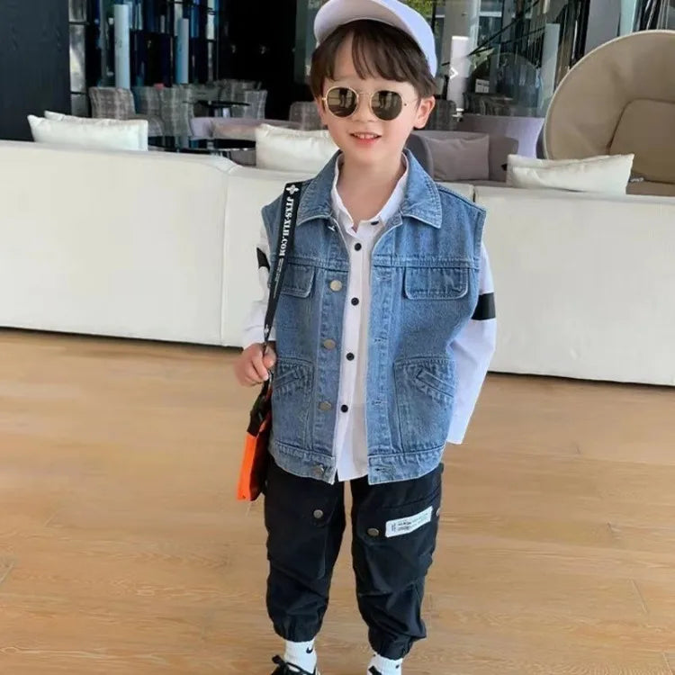 Kids Boys' Korean Style Denim Vest Jacket Spring Autumn Outerwear Versatile Stylish Kids' Clothing