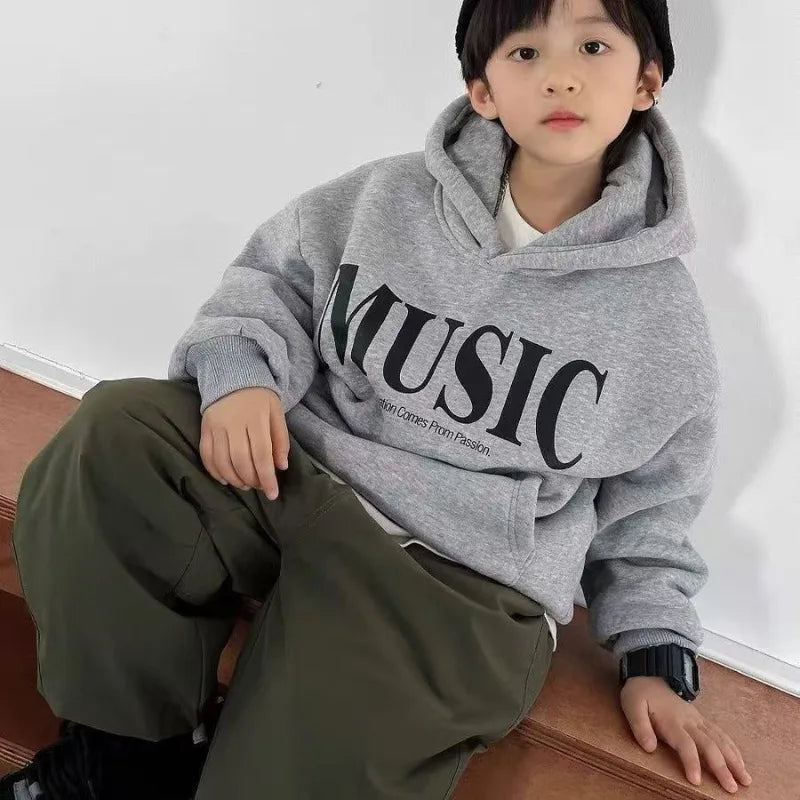 2025 New Boys' Kids' Autumn Winter Printed Fleece-Lined Thickened Hooded Hoodie - Stylish Trendy Top