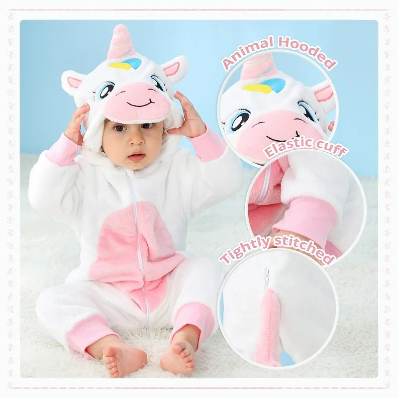 MICHLEY Halloween Costume Infant Baby Clothes Rompers Winter Flannel Hooded Bodysuits Pajamas Animals Overall Jumpsuit For Bebe