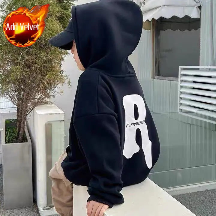 2025 New Boys' Mid-Large Maillard Fleece-Lined Hooded Hoodie - Stylish Autumn Winter Spring Kids' Top