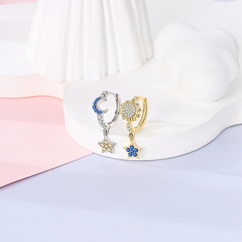 925 Sterling Silver Plated Gold Drop Earrings Star Sun Moon Earrings Removable Circle Heart Earrings For Women Hoop Earrings