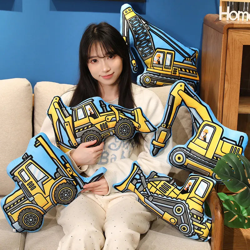 Stuffed Transporter Plush Pillow Soft Printing Multi-functional Bulldozer Forklift Crane Excavator Road Roller Tramcar Men Gift