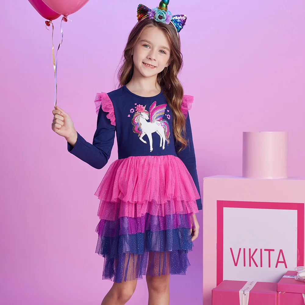 VIKITA Girls Gradient Autumn Dress Kids Licorne Sequined Appliqued Performance Mesh Tulle Prom Gown Girls Princess Cake Dresses