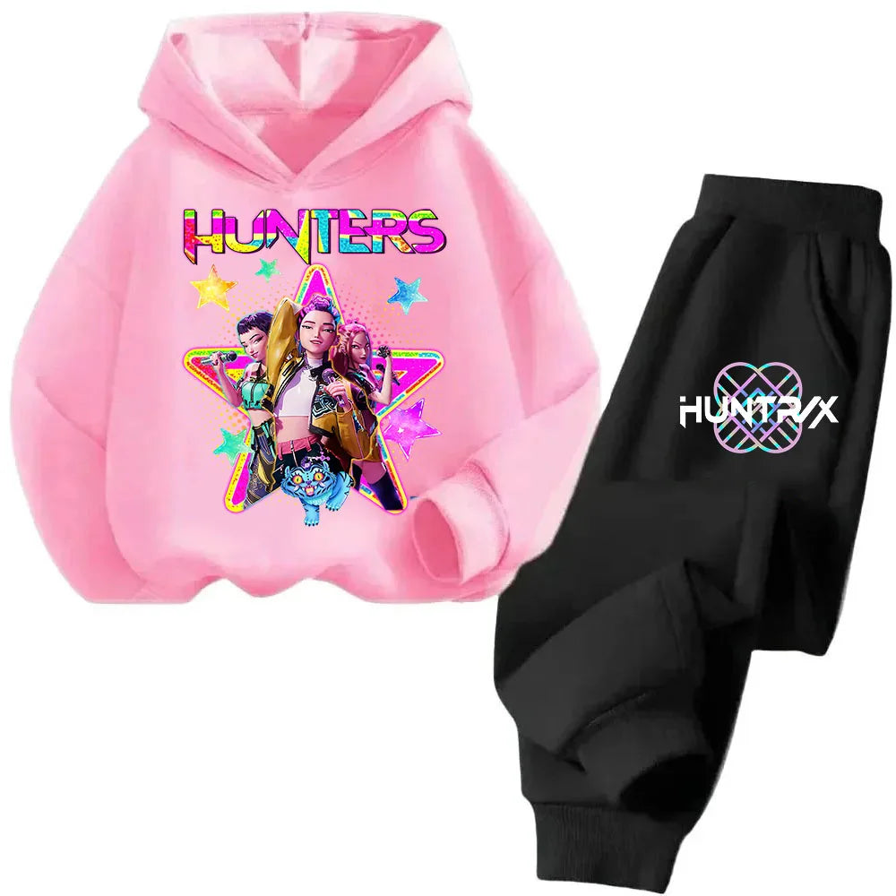 Girls Clothing 2025 Hot KPop Demon Hunter Cartoon Girls Hooded Sweatshirt Sweatpants Set Warm Children's Fashion Casual Tops