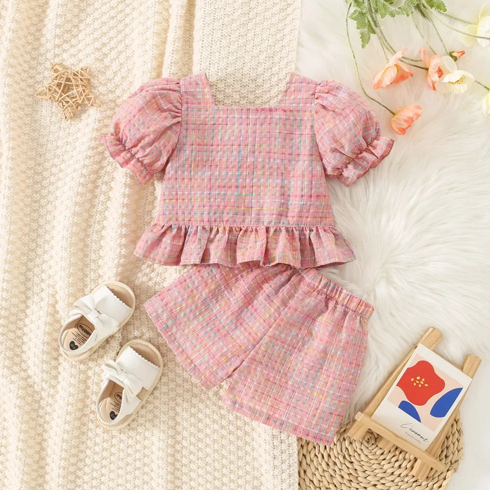 (0-3 Years Old) Summer Baby Girl Cotton Colored Plaid Bubble Sleeve Top and Shorts Set Cute Princess Style Girl Two-piece Set