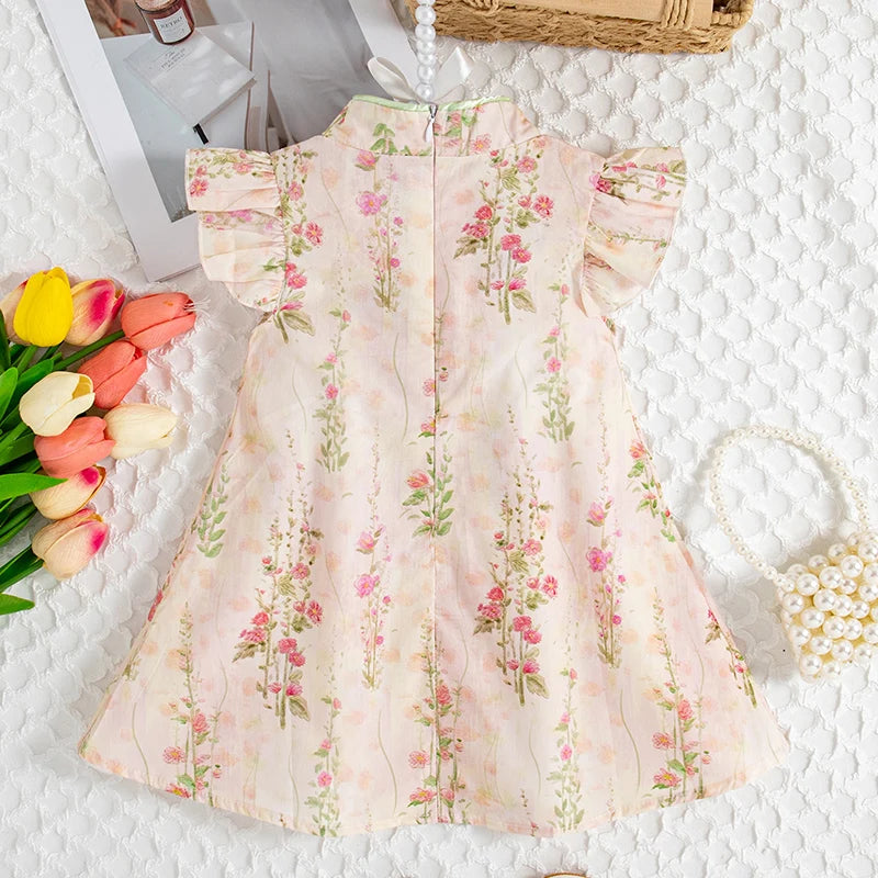 Summer New Chinese Retro Style Baby Girl Sleeveless Dress, Sweet Pink Tulip Children'S Clothing (9 Months -4 Years Old)