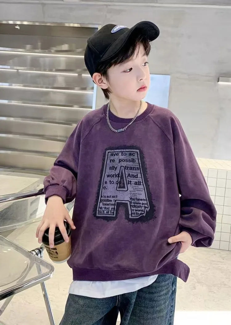 Boys' Medium-Large Spring Stylish Street-Style Letter Print Long Sleeve No Hood Sweatshirt