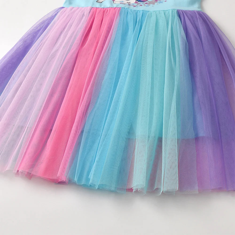 VIKITA Girls Licorne Star Print Dress Kids Summer Flare Sleeve Blue Dresses Kids Birthday Party Fashion Princess Elegant Dresses