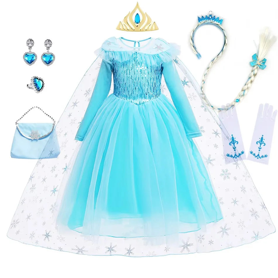 Girls Dresses Kids Princess Costume Halloween Birthday Party Long Cloak Cosplay Elsa Dress Long Sleeve 4 5 6 7 8 9 10 Years