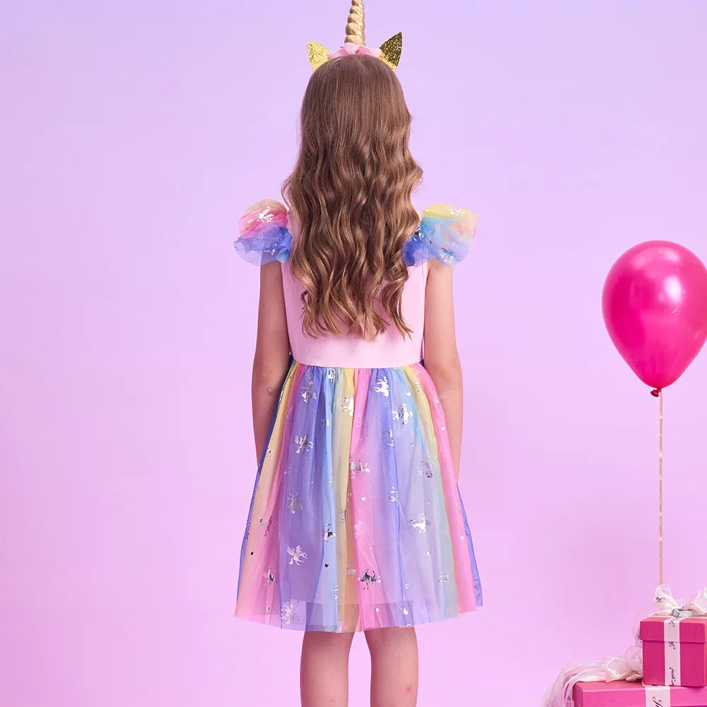 VIKITA Girls Tutu Dress Toddlers Summer Flare Sleeve Princess Dresses Girl Unicorn Cartoon Party Layered Dress Children Clothing