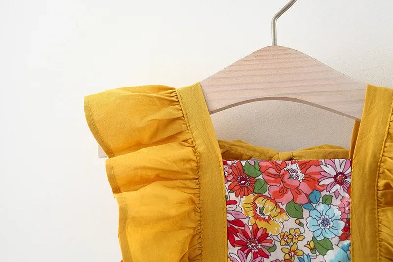 New Summer Baby Girls Dress Floral Print Full Print Sweet Princess Dress Bow Ribbon Small Flying Sleeves + Hat (0-3 Years)