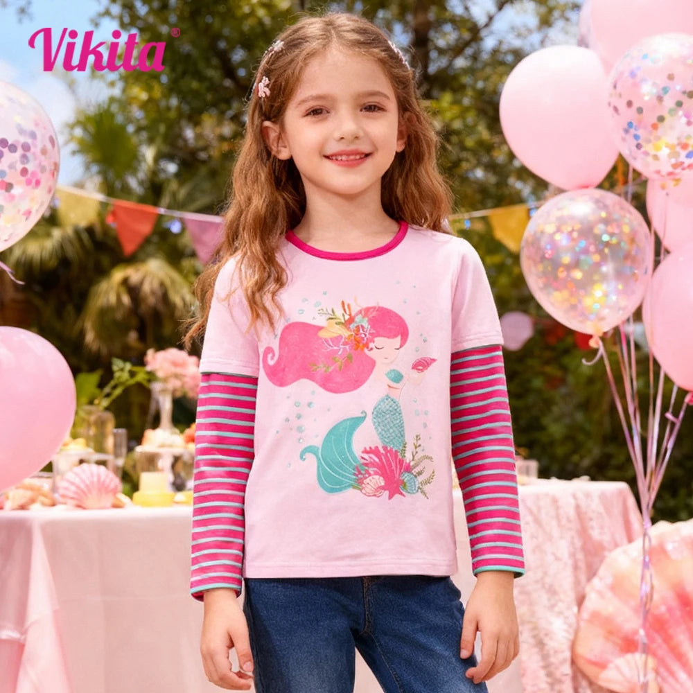 VIKITA 2025 New Children Clothes Kids Striped Pink Long Sleeve Tops Wear Girls Mermaid Print Daily Cotton Casual Cute Tees