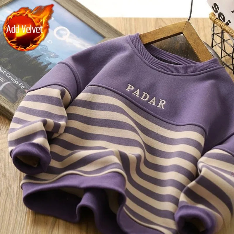Boys' 2025 New Arrival No Hood Double Fleece-Lined Thickened Striped Crewneck Sweatshirt Autumn/Winter Trendy