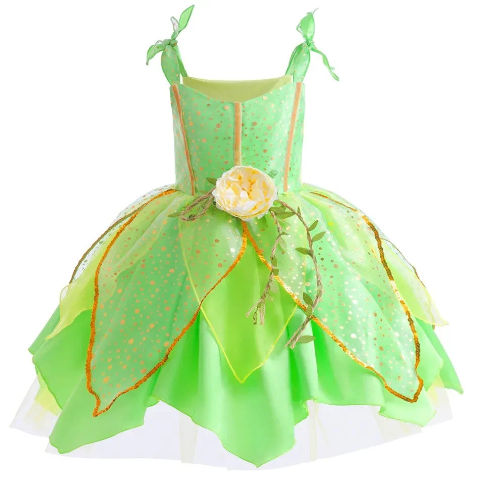 Disney Classic Elf Movie Tinker Bell Girls Play Fairy Dress Green Suspender Skirt With Wings and Flower Christmas Gift for Girls