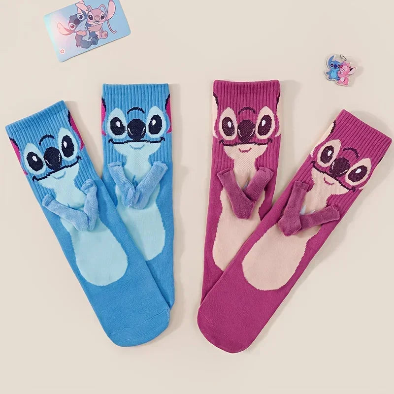 Stitch hand in hand sock sock female Japanese cartoon cartoon tube stack sock cute children Christmas sock gift