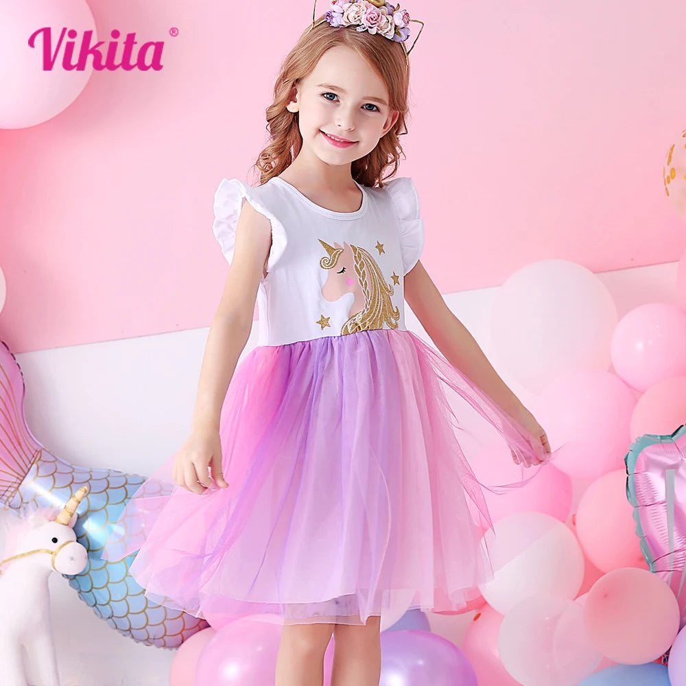 VIKITA Girls Flare Sleeve Summer Vestidos Girls Licorne Print Cartoon Patchwork Dress Girl Party Princess Cute Mesh Tulle Dress