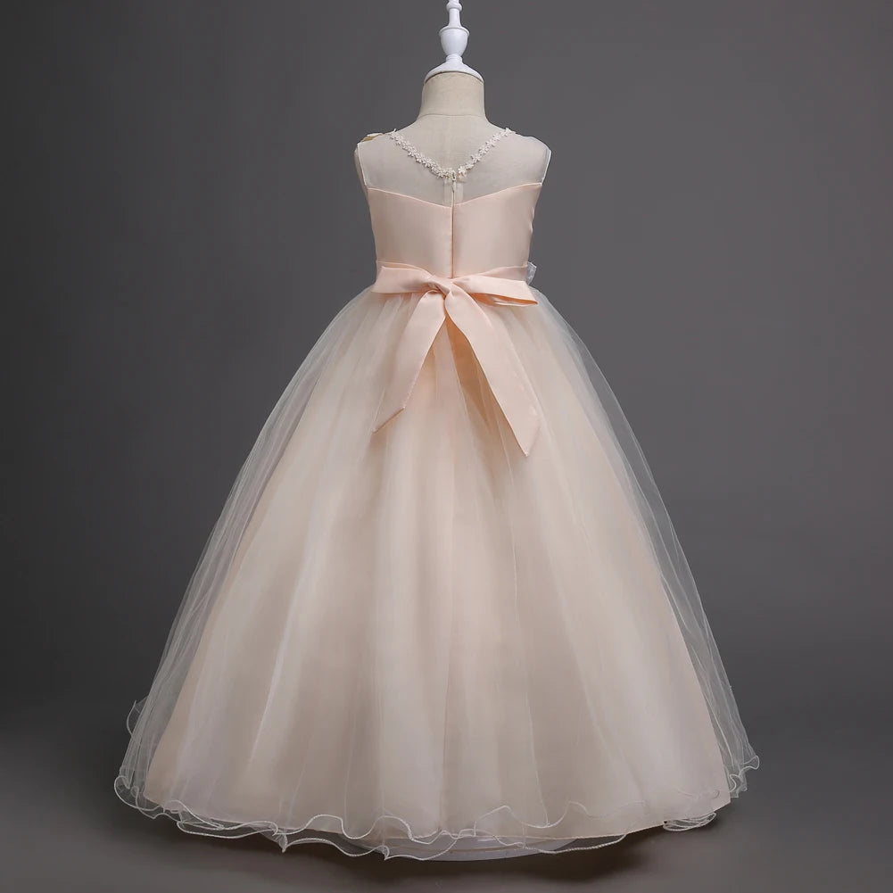 White Sleeveless Floral Girl Long Princess Dress 4 To 14 Year Girls Birthday Communion Party Dresses
