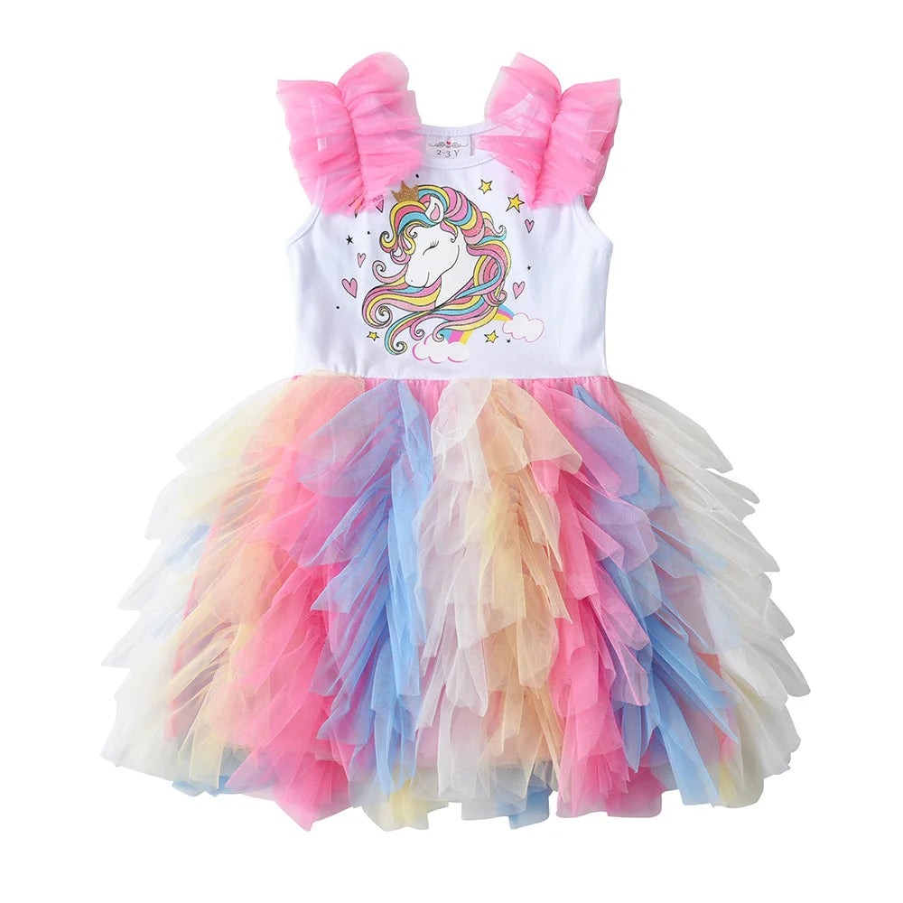 VIKITA Girls Unicorn Cartoon Print Dresses Kids Sleeveless Summer Dress Girls Colorful Mesh Tulle Layered Tutu Princess Dresses