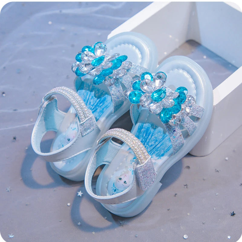 Kids' Sandals Elsa Princess Frozen PU Leather Crystal Summer Flat Shoes For Girls Breathable Anti-slip Blue Pink Size 23-33