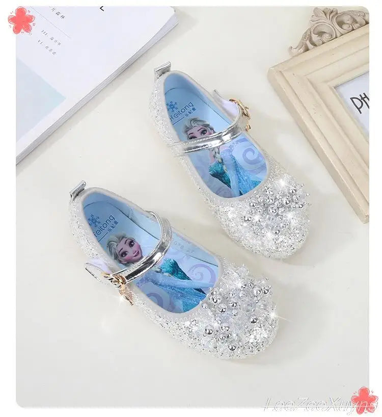 Disney Girls Princess Shoes Soft Sole Little Girl Frozen Children Crystal Casual Shoes Flat Leather Show Dance Shoes Size 22-36