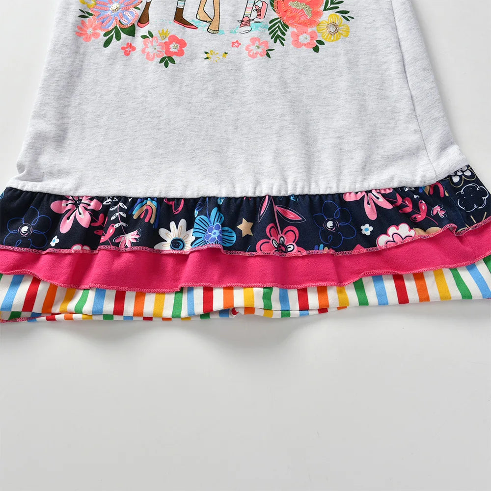VIKITA Kinder Baumwoll-Freizeitkostüme Kleinkinder Herbst Frühling Minikleid Kinder Blumen Puppenmuster Regenbogen Prinzessin Alltagskleidung