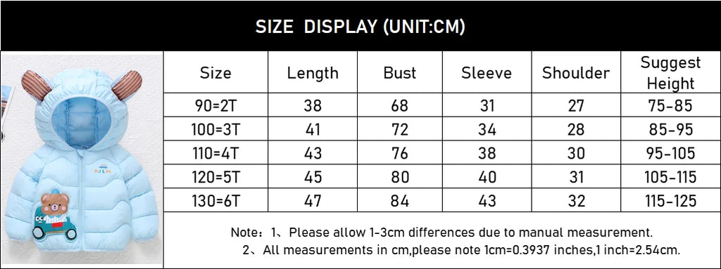 Autumn Winter Fashion Girls Boys Jacket Cute Cartoon Bear Print Warm Hooded Outerwear For 2-6 Years Kids Child Cotton Down Coat