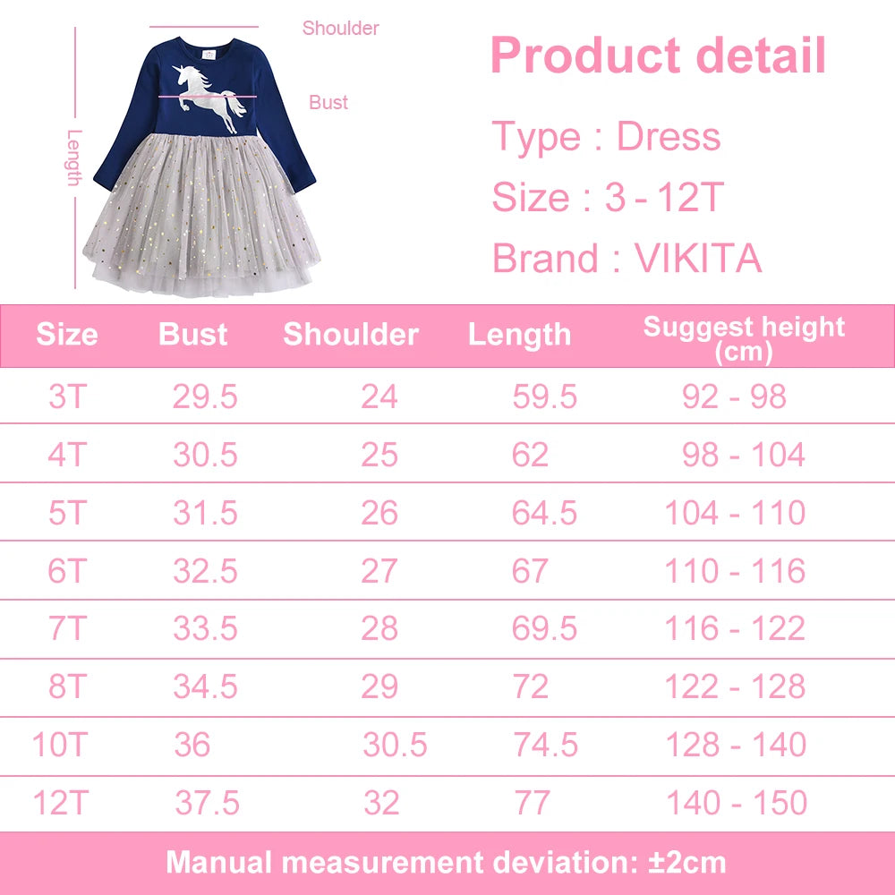 VIKITA Girls Unicorn Print Dress Kids Sequins Princess Dresses Kids Long Sleeve Autumn Spring Patchwork Mesh Tulle Cute Dresses