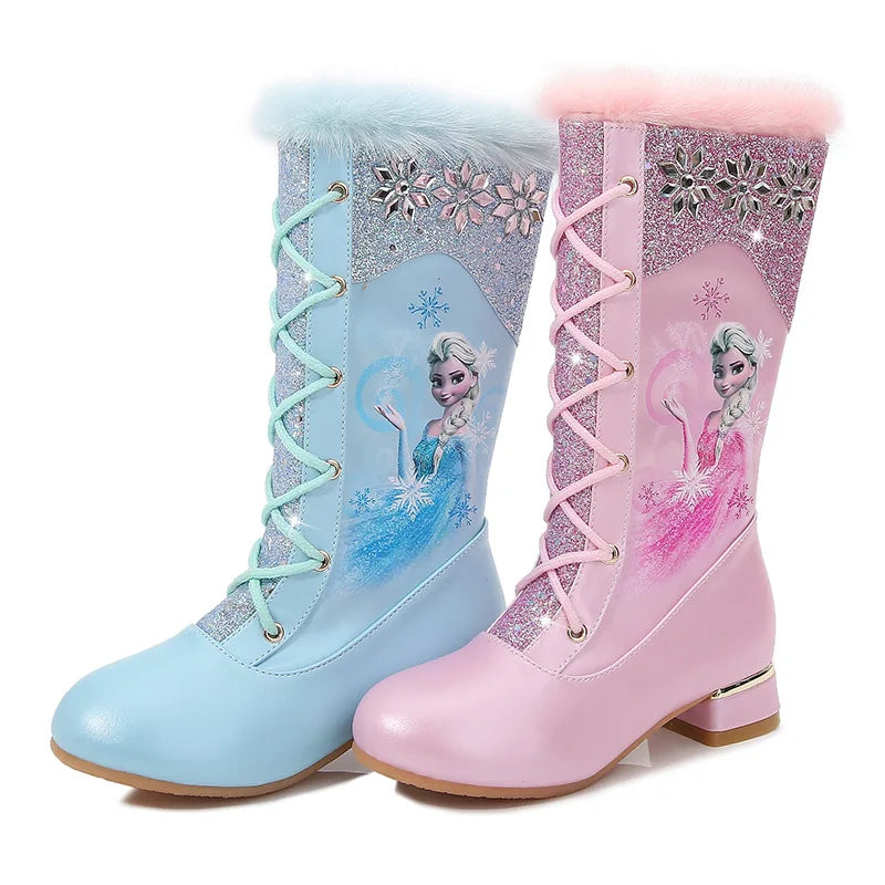 Disney Girls' Leather Boots Winter Cartoon Frozen Boots Side Zipper High Plush Princess Elsa Boots Warm Children's Boots Size 27
