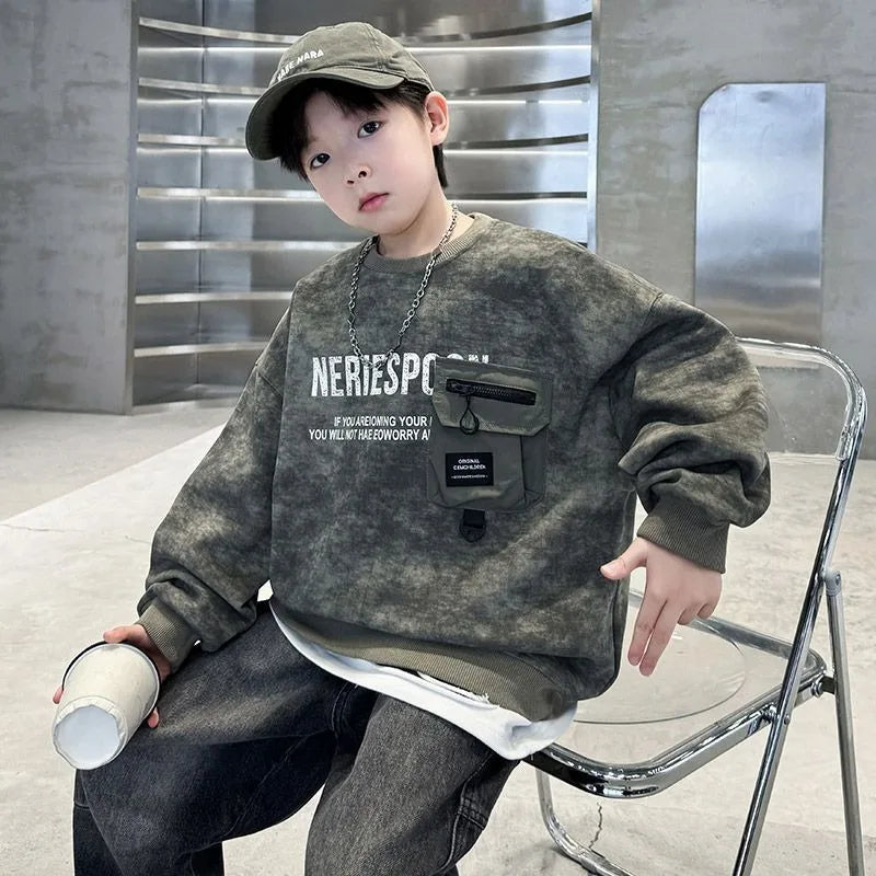 Boys' Middle/Big Kids 2025 New Spring/Autumn Long Sleeve Korean Style Edgy Loose Fit Sweatshirt Tops