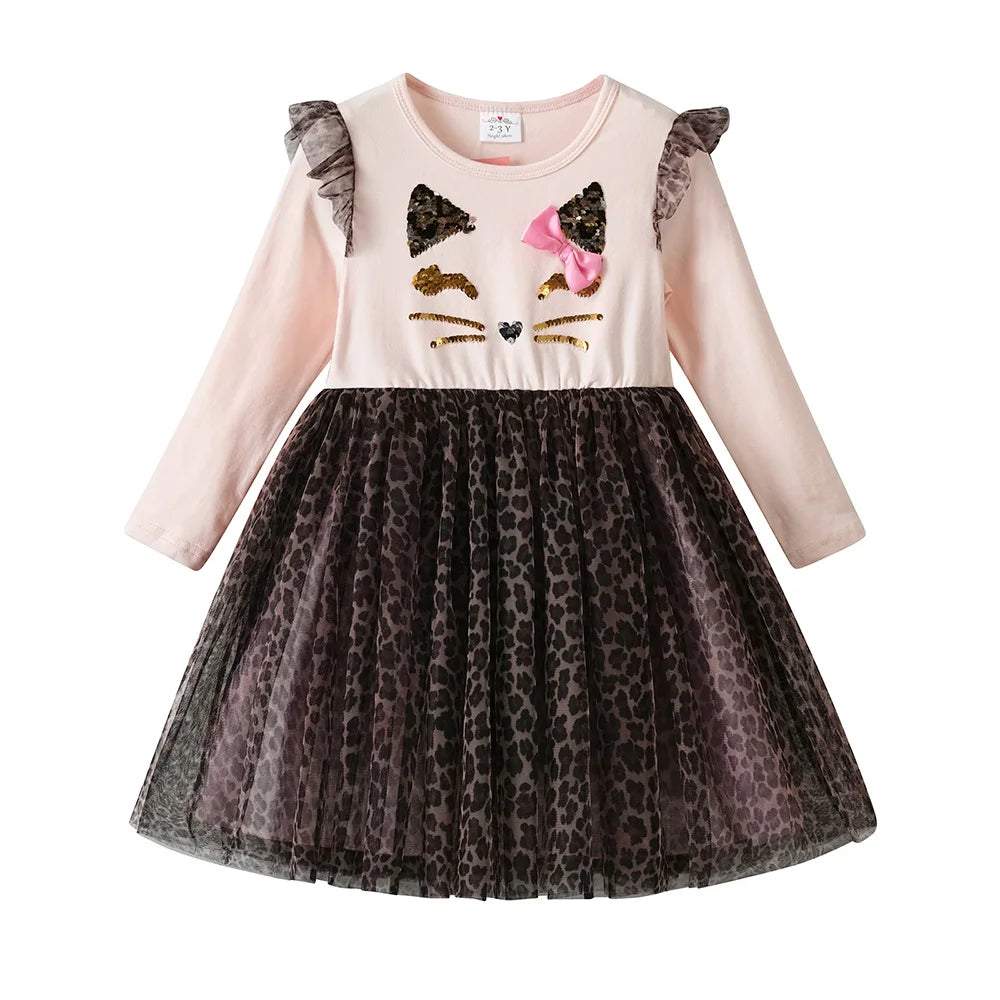 VIKITA Kids Leopard Print Dress Girls Cat Cartoon Flare Sleeve Princess Dresses Girls Autumn Spring Patchwork Fashion Dress
